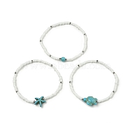3Pcs 3 Style Synthetic Turquoise & Glass Seed Beaded Stretch Bracelets Set, Round & Starfish & Turtle, Turquoise, Inner Diameter: 2-3/8 inch(6cm), 1Pc/style(BJEW-TA00375-01)