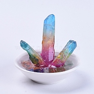 Electroplated Natural Quartz Crystal Home Display Decorations, with Natural Gemstone Chip Beads, Porcelain Base and Resin, 71.5x56mm(DJEW-L015-01)