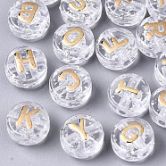 Transparent Clear Acrylic Beads, with Glitter Powder, Horizontal Hole, Flat Round with Random Letters, Gold, 10x6mm, Hole: 2mm, about 1560pcs/500g(TACR-S150-02B-06)