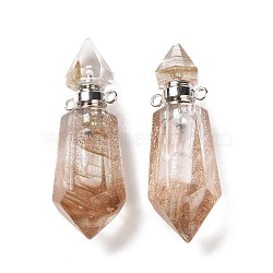Faceted Glass Perfume Bottle Pendants, with Platinum Tone Brass Findings, Cadmium Free & Lead Free, Bottle, Camel, 42~44x13x13mm, Hole: 1.6mm(GLAA-G080-01E-P)