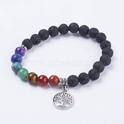 Natural Lava Rock Stretch Bracelets, with Mixed Stone and Brass Pendants, Flat Round with Tree of Life, Antique Silver, 2-1/8 inch(54mm)(BJEW-F308-35AS)