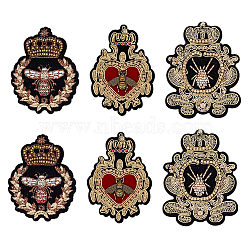 AHADERMAKER 6Pcs 3 Style Bees Pattern Computerized Embroidery Cloth Iron on/Sew on Patches, Beading Crown Appliques with Rhinestone, Gold, 77~85x39~65x3.5~6mm, 2pcs/style(PATC-GA0001-13)