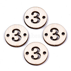 Unfinished Natural Poplar Wood Links Connectors, Laser Cut, Flat Round with Number, Num.3, 19.5x2.5mm, Hole: 2mm(WOOD-S045-138A-3)