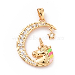 Rack Plating Brass Micro Pave Clear Cubic Zirconia Pendants, with Enamel, Long-Lasting Plated, Cadmium Free & Lead Free, Moon and Unicorn & Star, Real 18K Gold Plated, 25x18x2.5mm, Hole: 5x2.5mm(ZIRC-C039-02G)