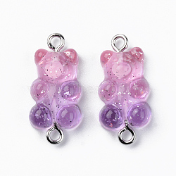 Transparent Resin Links, with Glitter Powder and Platinum Tone Iron Loops, Bear, Plum, 24~25x11x7mm, Hole: 1.8mm(RESI-R429-32G)