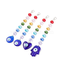 Handmade Lampwork Evil Eye Pendants Decoration, Octagon Electroplate Glass Beaded Suncatchers, with Zinc Alloy Lobster Claw Clasps, Teardrop/Flat Round/Heart/Palm, Mixed Color, 190~208mm(HJEW-JM00757)