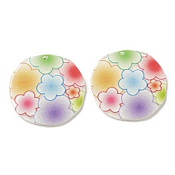 Opaque Acrylic Pendants, Flat Round with Flower, Colorful, 36.5x37x2.5mm, Hole: 1.6mm(BACR-D002-12B)