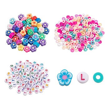 50Pcs Handmade Polymer Clay Flower Plum Blossom Beads, 2 Strands Disc/Flat Round Beads, 100Pcs Flat Round Acrylic Beads, for DIY Jewelry Making Kits, Mixed Color, Beads: about 150pcs/bag