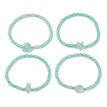 4Pcs 4 Styles Faceted Rondelle Glass Beaded Stretch Bracelets, Starfish & Crab Summer Beach Stackable Bracelets for Women, Medium Turquoise, Inner Diameter: 2-1/4 inch(5.6cm)