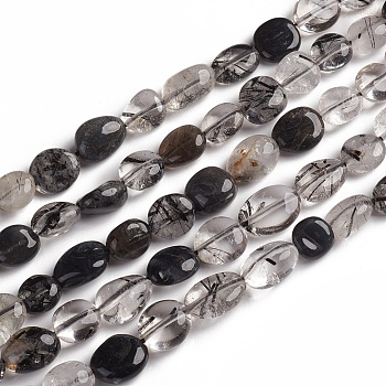 Natural Tourmalinated Quartz/Black Rutilated Quartz Beads Strands, Tumbled Stone, Nuggets, 10~15x7.5~11.5x7.5~12.5mm, Hole: 1mm, about 36pcs/Strand, 15.67 inch(39.8 cm)