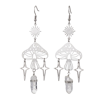 201 Stainless Steel Mushroom Dangle Earring, with Natural Quartz Crystal Pointed Beads and 304 Stainless Steel Earring Hooks, Stainless Steel Color, 93~95x30mm