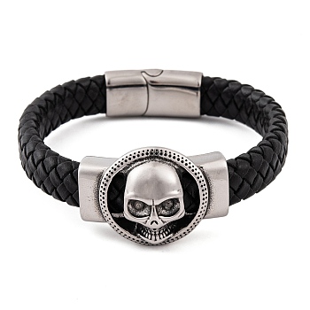Men's Braided Black PU Leather Cord Bracelets, Skull 304 Stainless Steel Link Bracelets with Magnetic Clasps, Antique Silver, 8-7/8 inch(22.5cm), 26.5mm