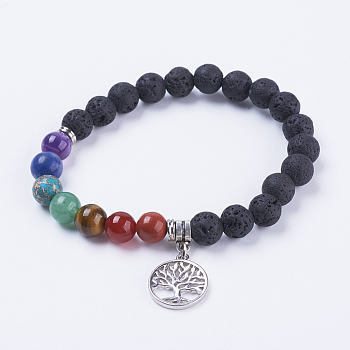 Natural Lava Rock Stretch Bracelets, with Mixed Stone and Brass Pendants, Flat Round with Tree of Life, Antique Silver, 2-1/8 inch(54mm)