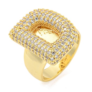 Brass Micro Pave Clear Cubic Zirconia Letter Open Cuff Ring for Women, Real 18K Gold Plated, Letter D, 22x17mm, Inner Diameter: 21mm