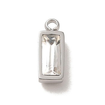 304 Stainless Steel Charm, with Glass, Rectangle Charm, Stainless Steel Color, 11x4.5x3.5mm, Hole: 1.4mm