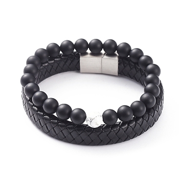 Unisex Stretch Bracelets & Leather Cord Bracelets Sets, Stackable Bracelets, Natural Howlite & Agate Beads, 304 Stainless Steel Magnetic Clasps and Cardboard Box, 2-1/8 inch(5.5cm), 8-1/4 inch(21cm), 2pcs/set