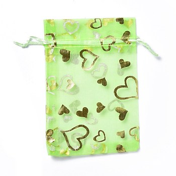 Organza Drawstring Jewelry Pouches, Wedding Party Gift Bags, Rectangle with Gold Stamping Heart Pattern, Pale Green, 15x10x0.11cm