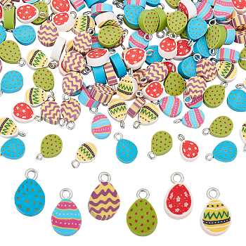 144Pcs 6 Style Handmade Polymer Clay Charms, with Platinum Tone Iron Loop, Easter Egg, Mixed Color, 13.56~15x8~9.5x4~5mm, Hole: 2mm, 24pcs/style