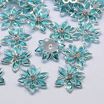 Acrylic Rhinestone Flower Flat Back Cabochons, with Brass Findings, Pale Turquoise, 24x7mm