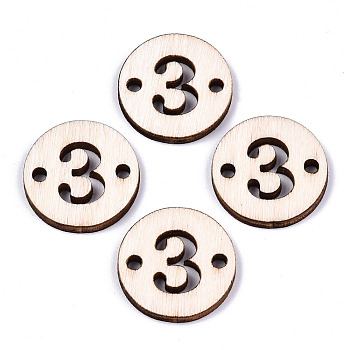 Unfinished Natural Poplar Wood Links Connectors, Laser Cut, Flat Round with Number, Num.3, 19.5x2.5mm, Hole: 2mm