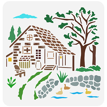 PET Hollow Out Drawing Painting Stencils, for DIY Scrapbook, Photo Album, Pastoral Scenery Theme Pattern, 30x30cm