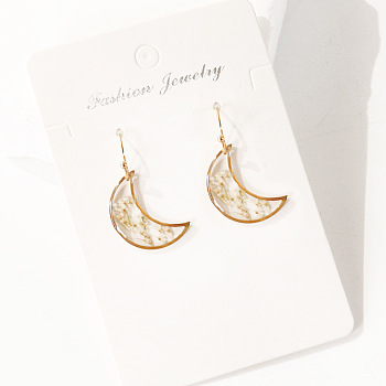 Moon 304 Stainless Steel Dangle Earrings, with Alloy Earring Findings & Resin Dried Flower, Golden, White, 20x14mm