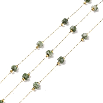 Ion Plating(IP) 304 Stainless Steel Link Chains, Natural Green Spot Jasper Beads & Spool, Soldered, Real 18K Gold Plated, 8x4mm, about 32.81 Feet(10m)/Roll
