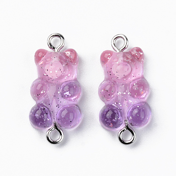 Transparent Resin Links, with Glitter Powder and Platinum Tone Iron Loops, Bear, Plum, 24~25x11x7mm, Hole: 1.8mm