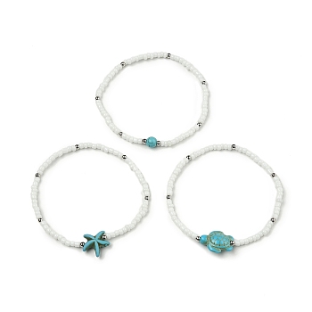 3Pcs 3 Style Synthetic Turquoise & Glass Seed Beaded Stretch Bracelets Set, Round & Starfish & Turtle, Turquoise, Inner Diameter: 2-3/8 inch(6cm), 1Pc/style