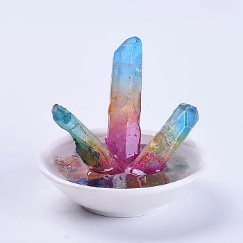 Electroplated Natural Quartz Crystal Home Display Decorations, with Natural Gemstone Chip Beads, Porcelain Base and Resin, 71.5x56mm