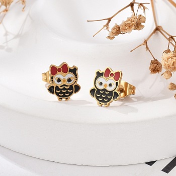 Brass Enamel Stud Earrings, Owl, Golden, Black, 10x9mm