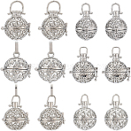 12Pcs 6 Styles Brass Cage Pendants, For Chime Ball Pendant Necklaces Making, Hollow, Round, Platinum, 26~29x25.5~26x21~21.5mm, Hole: 3~9x4~10mm, 2pcs/style(KK-SC0004-28)