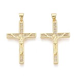 Religion Brass Micro Pave Clear Cubic Zirconia Pendants, Cross with Jesus Charms, Real 16K Gold Plated, 34.5~35x21x3mm, Hole: 5x3.5mm(KK-T080-39G)