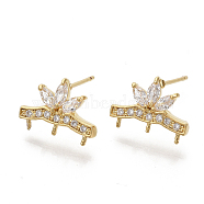 Brass Micro Pave Clear Cubic Zirconia Stud Earring Findings, Real 18K Gold Plated, Nickel Free, Flower, Clear, 10x13mm, Pin: 1mm, Pin: 0.6mm(For Half Drilled Beads)(KK-N230-13-NF)