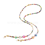 Glass Seed Beads Eyeglasses Chains, with Heart Polymer Clay Beads, Neck Strap for Eyeglasses, with Rubber Loop Ends, Colorful, 680mm(AJEW-EH00383-03)
