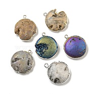 Electroplated Natural Druzy Agate Pendants, Brass Flat Round Charms, Silver Color, Mixed Color, 29~30x24~26x7.5~9mm, Hole: 1.8mm(G-A229-01)