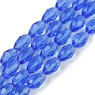 Transparent Glass Beads Strands, Faceted, Teardrop, Royal Blue, 5~6x4mm, Hole: 0.9mm, about 65~67pcs/strand, 15.35~16.14 inch(39~41cm)(EGLA-N013-T4mm-D10)