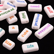 Opaque White Acrylic Beads, Rectangle with Mixed Words, Mixed Color, 9.5x11.5~24x6mm, Hole: 3mm, about 550pcs/500g(MACR-Q242-003)