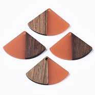 Resin & Wood Pendants, Fan Shape, Coral, 26x37.5~38x3.5mm, Hole: 2mm(RESI-S358-86B-04)