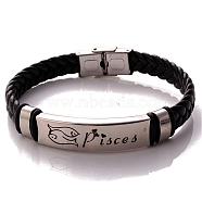 Braided Leather Cord Bracelets, Constellation Bracelet for Men, Pisces, 8-1/4 inch(21cm)(PW-WG99416-12)