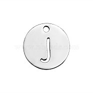 201 Stainless Steel Charms, Flat Round with Letter, Stainless Steel Color, Letter.J, 12x1mm, Hole: 1.5mm(STAS-Q201-T051-J)