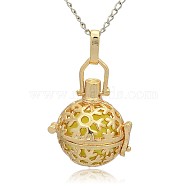 Golden Tone Brass Hollow Round Cage Pendants, with No Hole Spray Painted Brass Ball Beads, Champagne Yellow, 35x25x21mm, Hole: 3x8mm(KK-J232-07G)