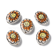 Handmade Porcelain Beads, Famille Rose Porcelain, Oval with Flower, Chocolate, 19x14~16x5~6mm, Hole: 1.2mm(PORC-G011-04A)