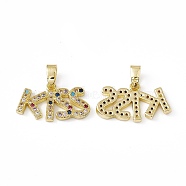 Brass Micro Pave Cubic Zirconia Pendants, Word KISS Charm, Real 18K Gold Plated, 11.5x20x2mm, Hole: 3x5.5mm(KK-E068-VC044)