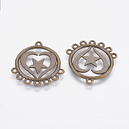 Tibetan Style Alloy Chandelier Components, Flat Round with Heart and Star, Antique Bronze, 30x28x2mm, Hole: 1.5mm(PALLOY-G196-01AB)