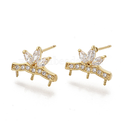 Brass Micro Pave Clear Cubic Zirconia Stud Earring Findings, Real 18K Gold Plated, Nickel Free, Flower, Clear, 10x13mm, Pin: 1mm, Pin: 0.6mm(For Half Drilled Beads)(KK-N230-13-NF)