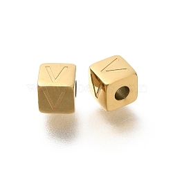 Ion Plating(IP) 304 Stainless Steel Beads, Cube with Letter, Real 14K Gold Plated, Letter V, 5x5x5mm, Hole: 2mm(STAS-F308-01G-V)