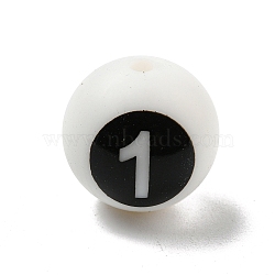 Round with Black Number 1 Silicone Beads, Chewing Beads For Teethers, DIY Nursing Necklaces Making, White, 14.5~15x14.5mm, Hole: 2mm(SIL-R013-01B)