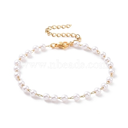 Round Plastic Imitation Pearl Beaded Bracelets, with Vacuum Plating 304 Stainless Steel Curb Chains, White, Golden, 6-3/4 inch(17cm)(BJEW-E054-08G)