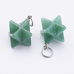 Natural Green Aventurine Pendants, with 201 Stainless Steel Split Rings, Merkaba Star, 22~23x16.5~17x19mm, Hole: 6mm(X-G-E398-02G)